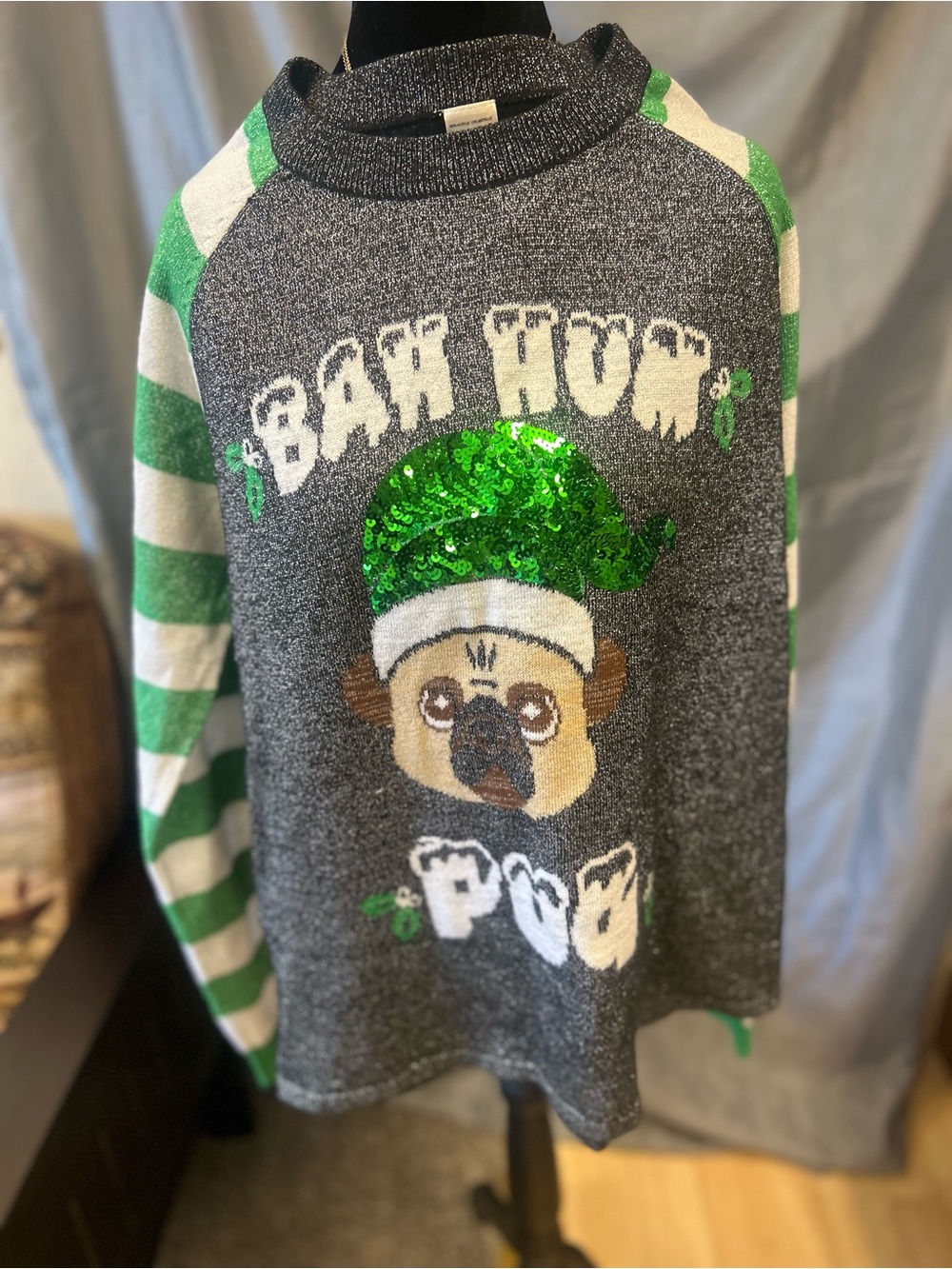 Holiday PUG Sequin Sweater - Gray & Green stripes with sequin details Size M/L
